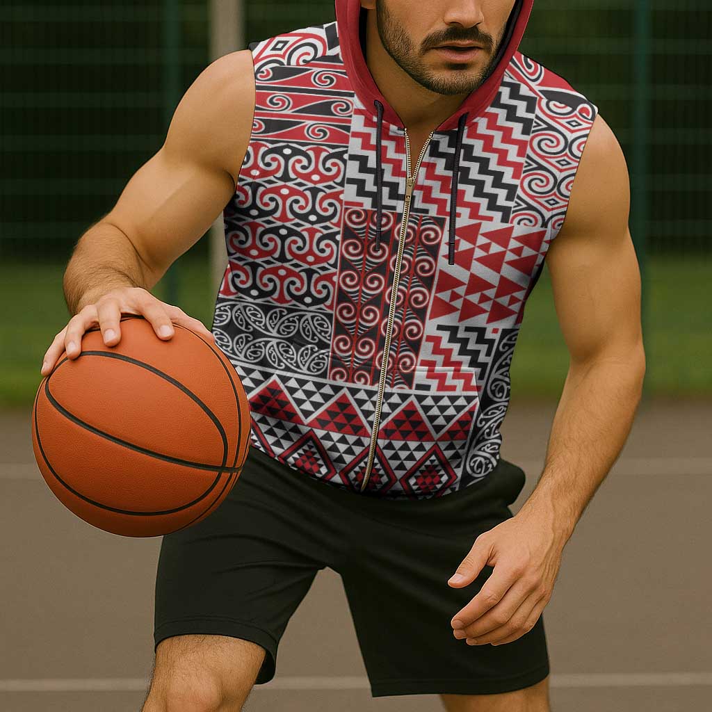 Aotearoa Kowhaiwhai Taniko Patchwork Motifs Sleeveless Zip Hoodie - Polynesian Pride