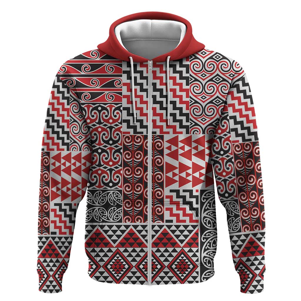 Aotearoa Kowhaiwhai Taniko Patchwork Motifs Zip Hoodie