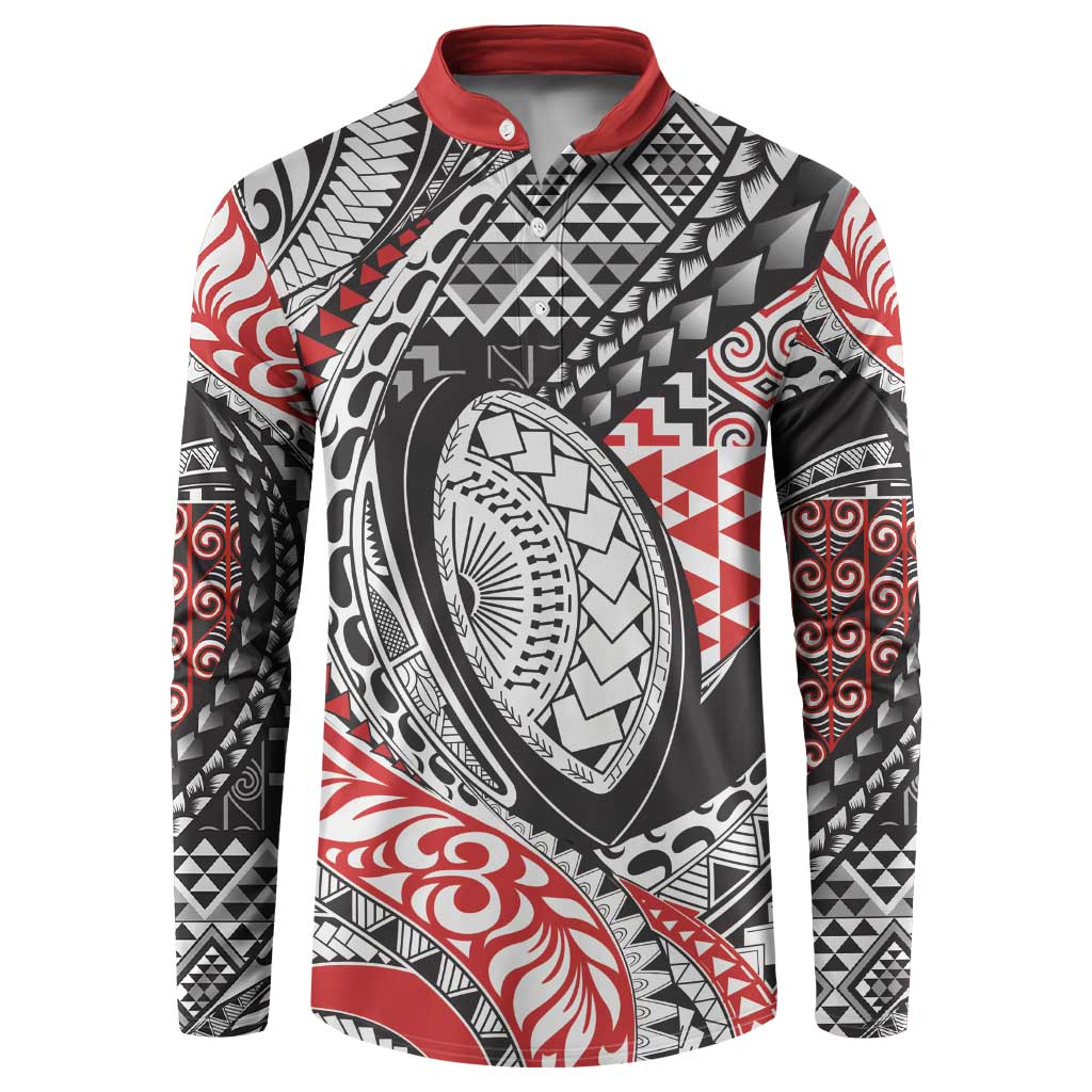 Aotearoa Maori Rugby Tribal Tattoo Button Sweatshirt Kowhaiwhai Taniko Patchwork Motifs