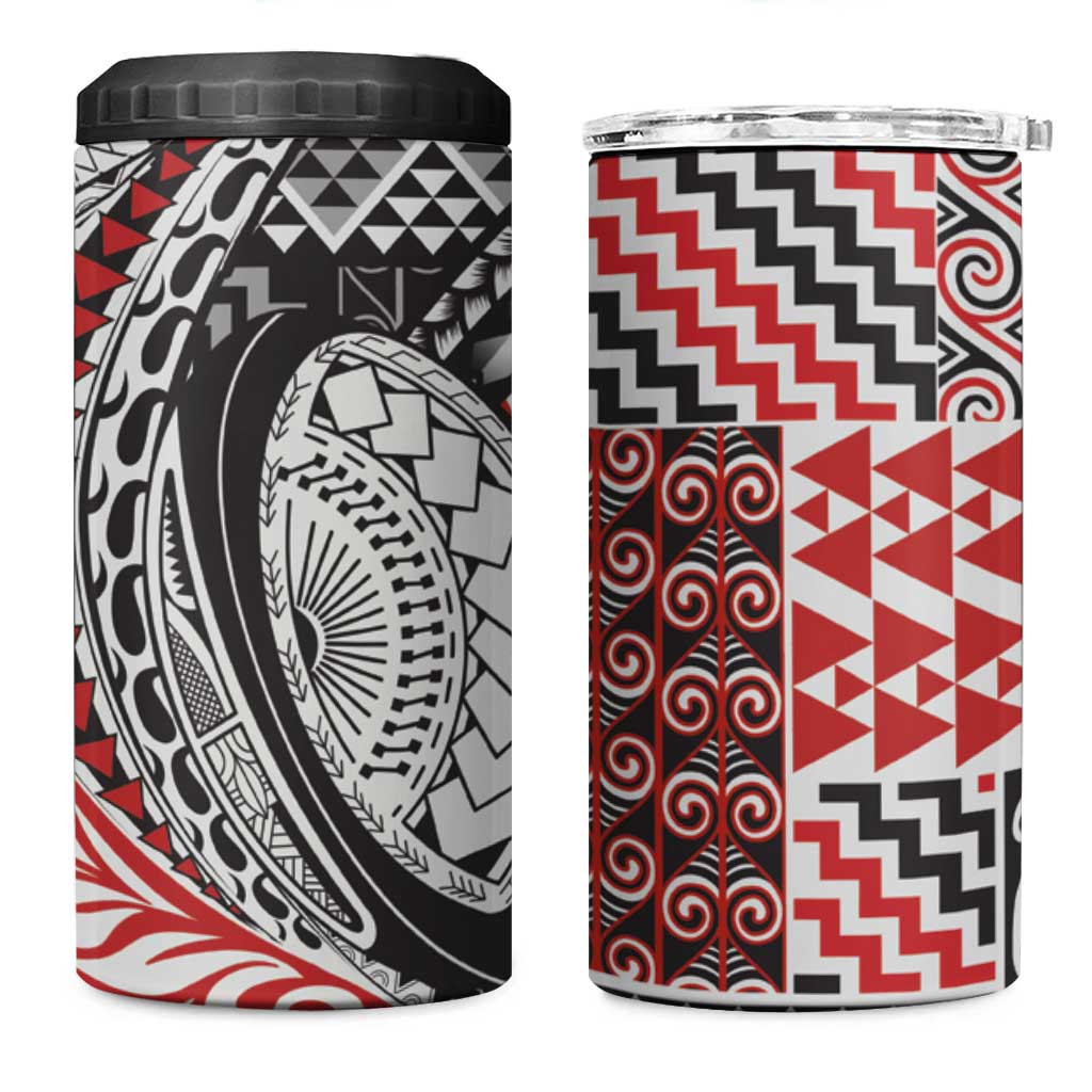 Aotearoa Maori Rugby Tribal Tattoo 4 in 1 Can Cooler Tumbler Kowhaiwhai Taniko Patchwork Motifs