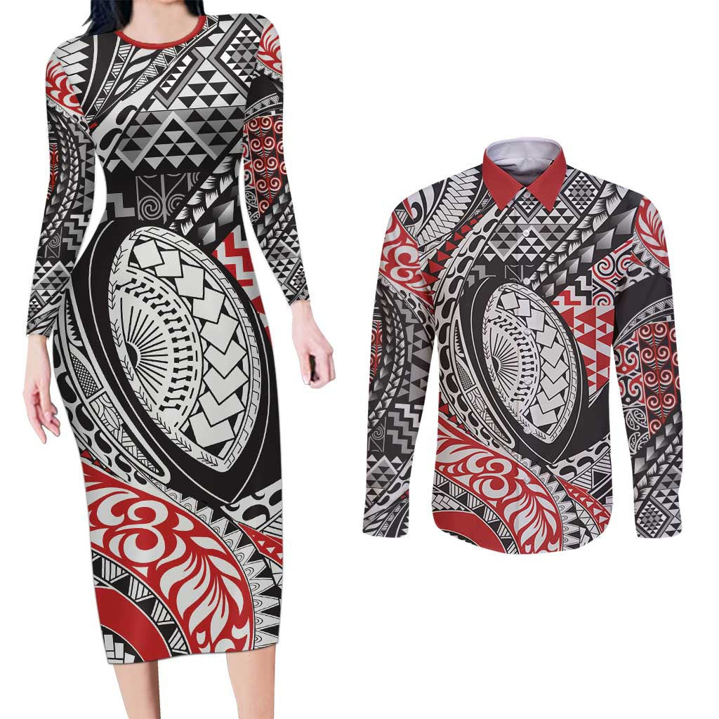 Aotearoa Maori Rugby Tribal Tattoo Couples Matching Long Sleeve Bodycon Dress and Long Sleeve Button Shirt Kowhaiwhai Taniko Patchwork Motifs