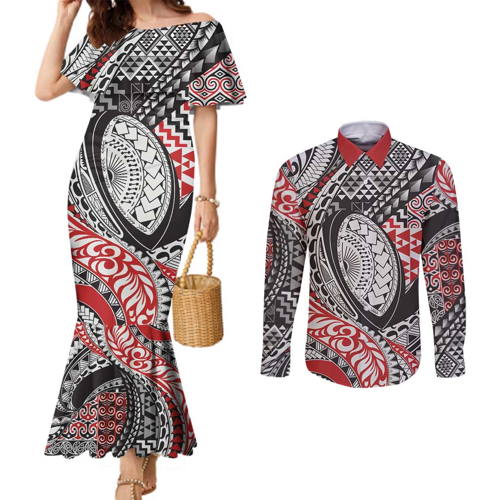 Aotearoa Maori Rugby Tribal Tattoo Couples Matching Mermaid Dress and Long Sleeve Button Shirt Kowhaiwhai Taniko Patchwork Motifs