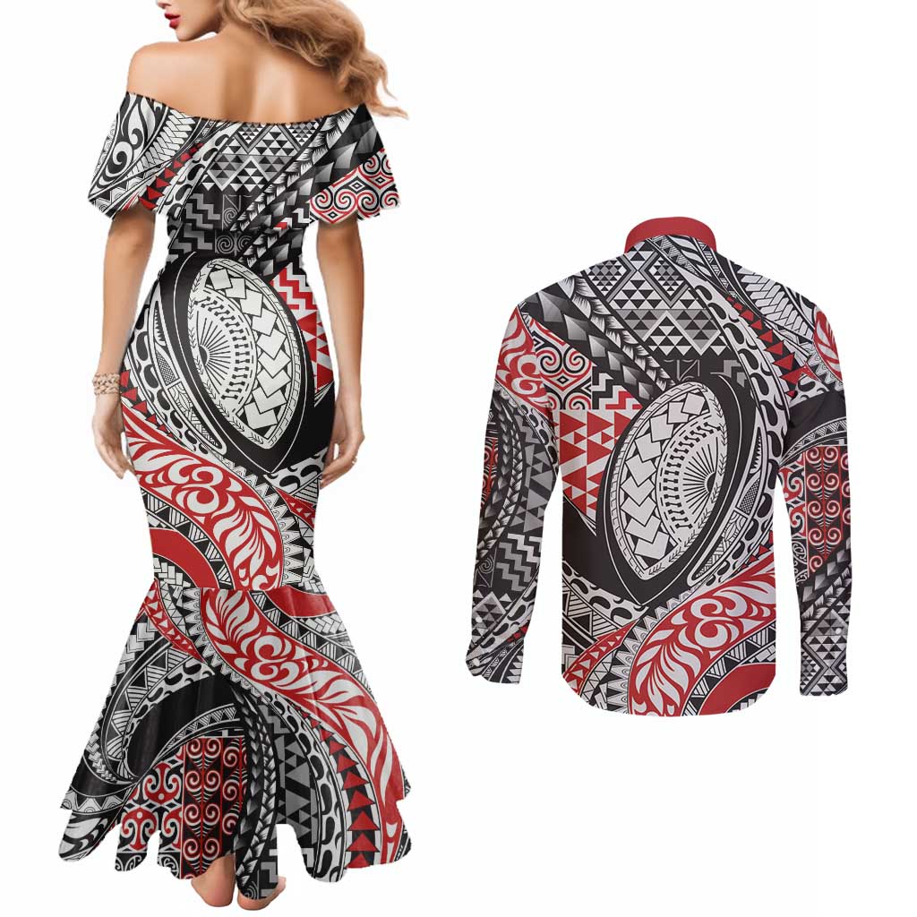 Aotearoa Maori Rugby Tribal Tattoo Couples Matching Mermaid Dress and Long Sleeve Button Shirt Kowhaiwhai Taniko Patchwork Motifs LT9 - Polynesian Pride
