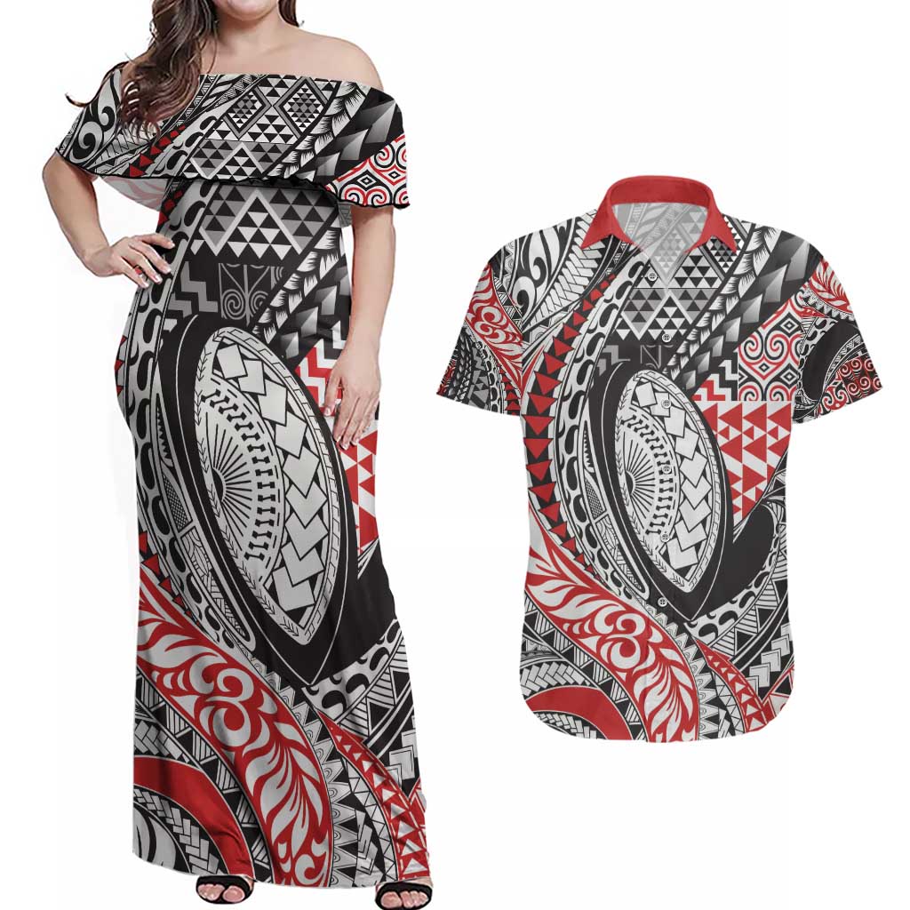 Aotearoa Maori Rugby Tribal Tattoo Couples Matching Off Shoulder Maxi Dress and Hawaiian Shirt Kowhaiwhai Taniko Patchwork Motifs