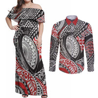 Aotearoa Maori Rugby Tribal Tattoo Couples Matching Off Shoulder Maxi Dress and Long Sleeve Button Shirt Kowhaiwhai Taniko Patchwork Motifs LT9 Red - Polynesian Pride