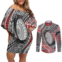 Aotearoa Maori Rugby Tribal Tattoo Couples Matching Off Shoulder Short Dress and Long Sleeve Button Shirt Kowhaiwhai Taniko Patchwork Motifs LT9 Red - Polynesian Pride