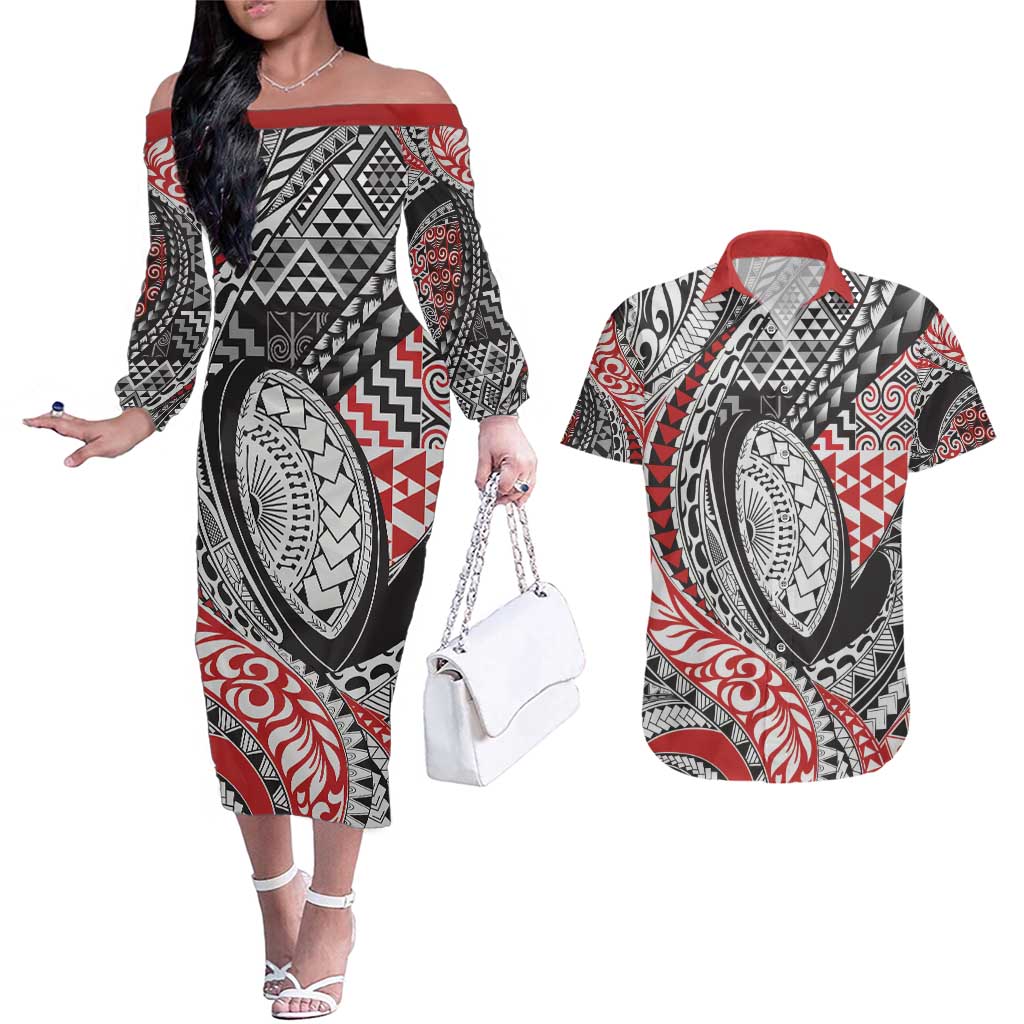 Aotearoa Maori Rugby Tribal Tattoo Couples Matching Off The Shoulder Long Sleeve Dress and Hawaiian Shirt Kowhaiwhai Taniko Patchwork Motifs