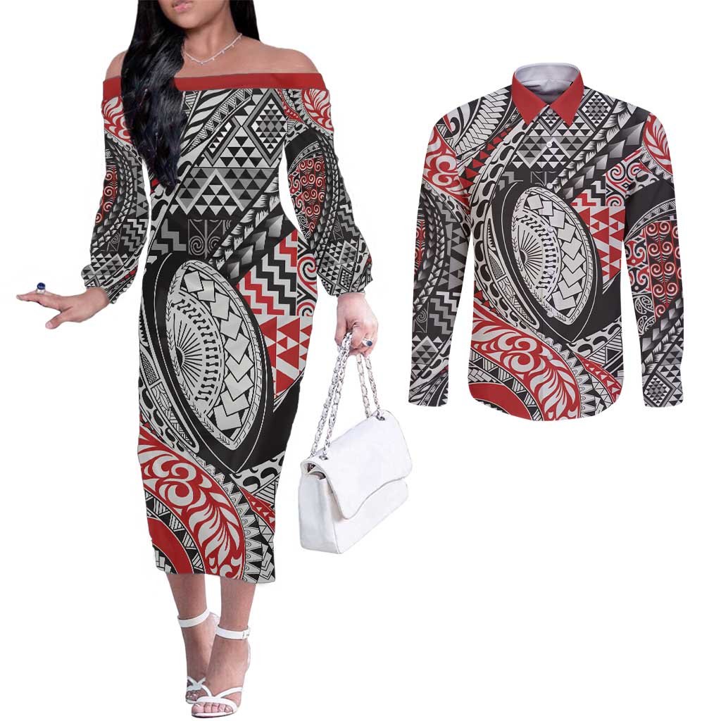 Aotearoa Maori Rugby Tribal Tattoo Couples Matching Off The Shoulder Long Sleeve Dress and Long Sleeve Button Shirt Kowhaiwhai Taniko Patchwork Motifs