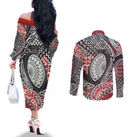 Aotearoa Maori Rugby Tribal Tattoo Couples Matching Off The Shoulder Long Sleeve Dress and Long Sleeve Button Shirt Kowhaiwhai Taniko Patchwork Motifs LT9 - Polynesian Pride