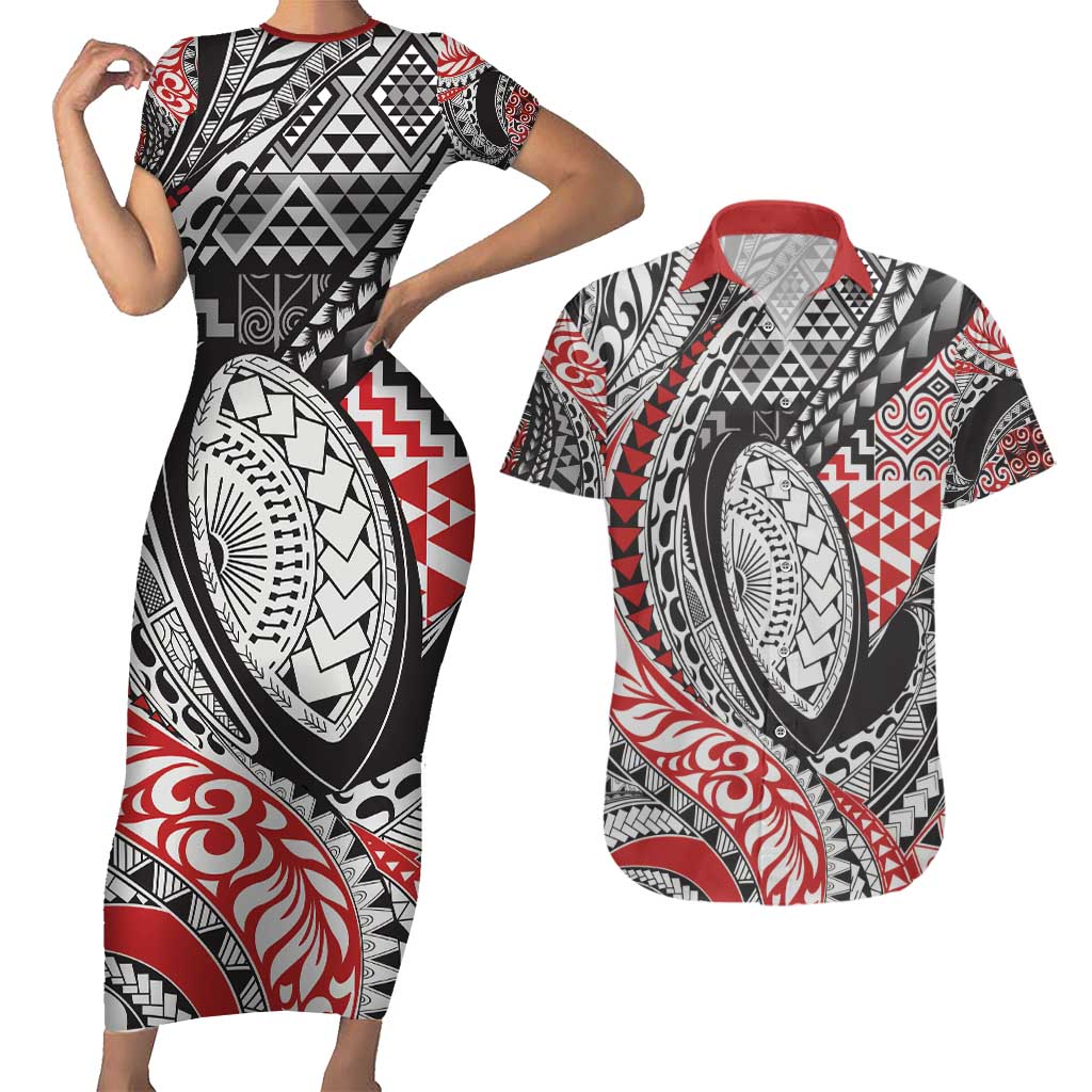 Aotearoa Maori Rugby Tribal Tattoo Couples Matching Short Sleeve Bodycon Dress and Hawaiian Shirt Kowhaiwhai Taniko Patchwork Motifs