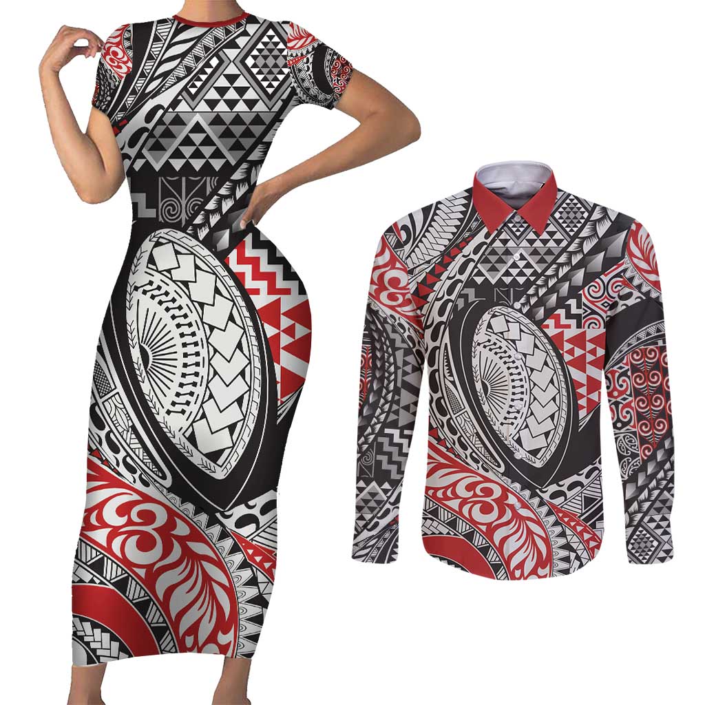 Aotearoa Maori Rugby Tribal Tattoo Couples Matching Short Sleeve Bodycon Dress and Long Sleeve Button Shirt Kowhaiwhai Taniko Patchwork Motifs