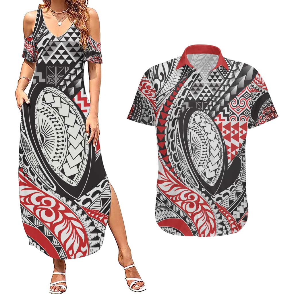 Aotearoa Maori Rugby Tribal Tattoo Couples Matching Summer Maxi Dress and Hawaiian Shirt Kowhaiwhai Taniko Patchwork Motifs