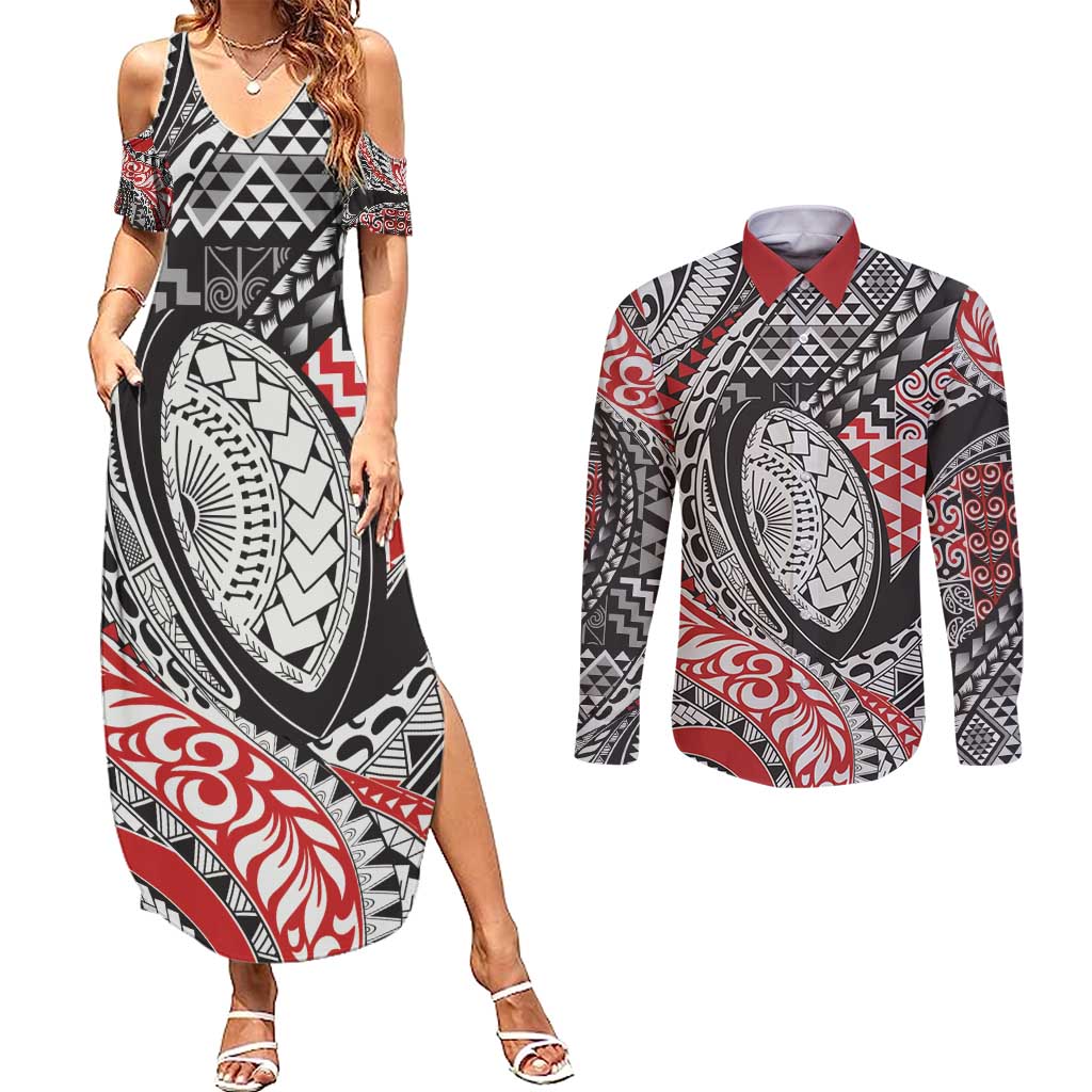 Aotearoa Maori Rugby Tribal Tattoo Couples Matching Summer Maxi Dress and Long Sleeve Button Shirt Kowhaiwhai Taniko Patchwork Motifs LT9 Red - Polynesian Pride