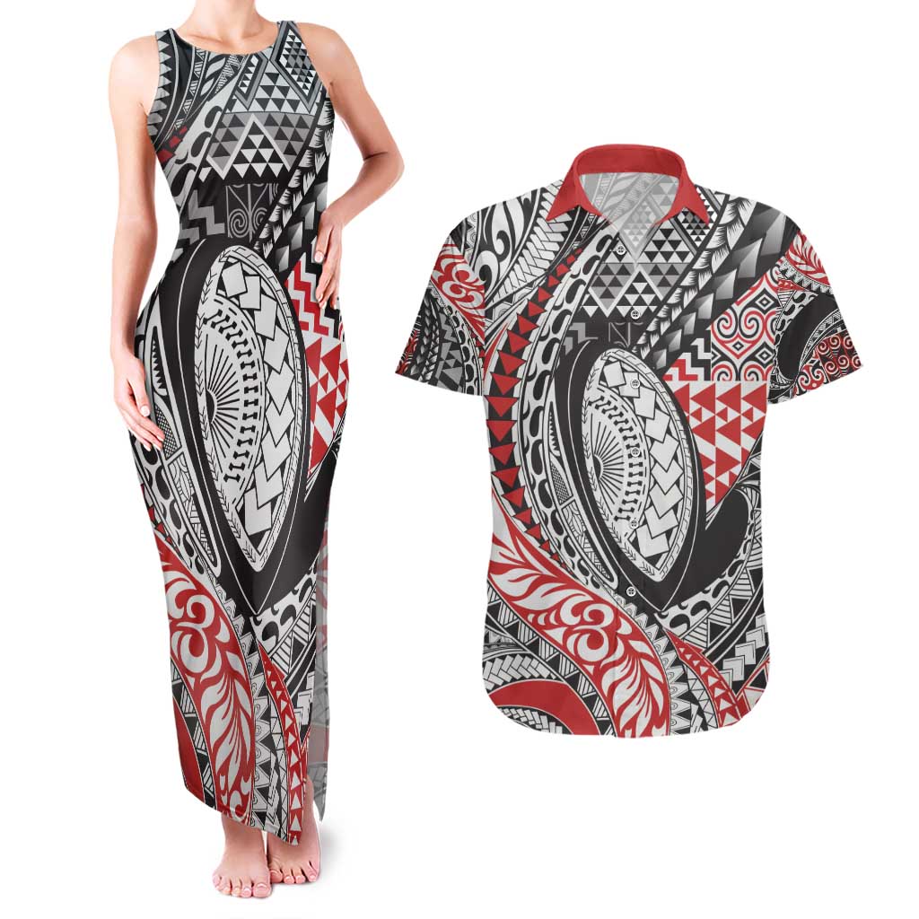 Aotearoa Maori Rugby Tribal Tattoo Couples Matching Tank Maxi Dress and Hawaiian Shirt Kowhaiwhai Taniko Patchwork Motifs