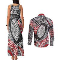 Aotearoa Maori Rugby Tribal Tattoo Couples Matching Tank Maxi Dress and Long Sleeve Button Shirt Kowhaiwhai Taniko Patchwork Motifs LT9 - Polynesian Pride