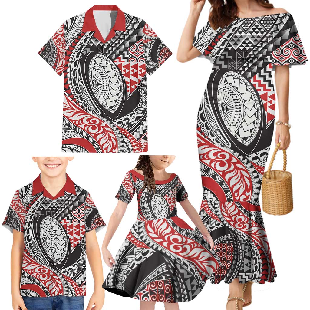 Aotearoa Maori Rugby Tribal Tattoo Family Matching Mermaid Dress and Hawaiian Shirt Kowhaiwhai Taniko Patchwork Motifs