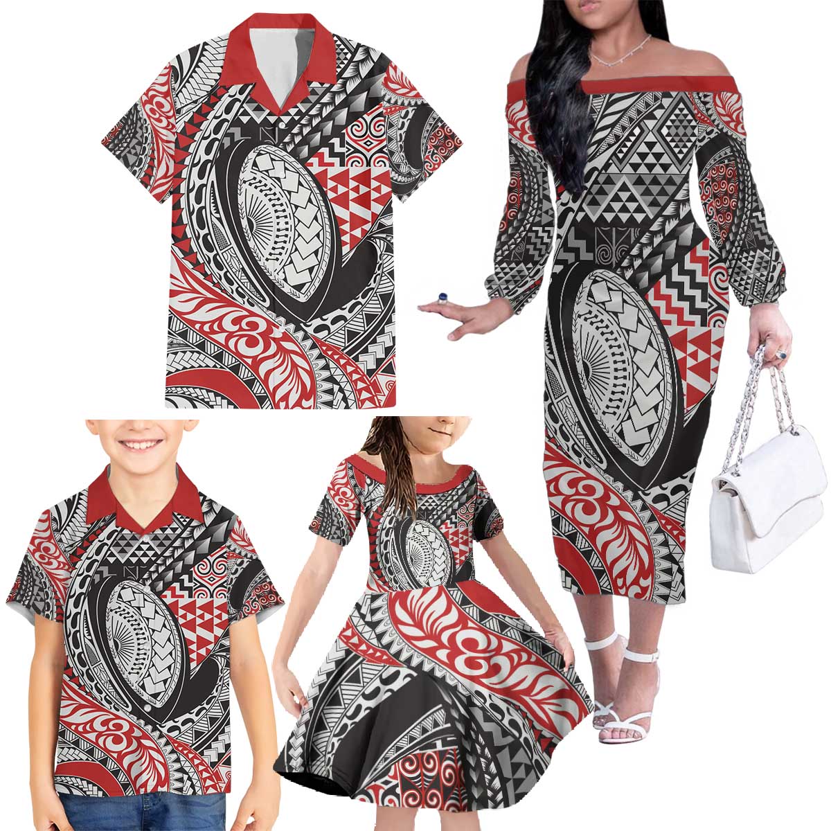 Aotearoa Maori Rugby Tribal Tattoo Family Matching Off The Shoulder Long Sleeve Dress and Hawaiian Shirt Kowhaiwhai Taniko Patchwork Motifs