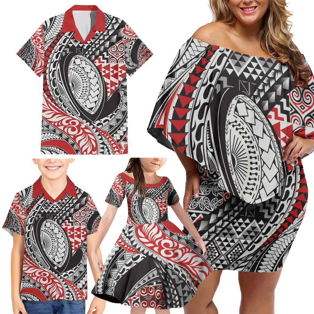 Aotearoa Maori Rugby Tribal Tattoo Family Matching Off Shoulder Short Dress and Hawaiian Shirt Kowhaiwhai Taniko Patchwork Motifs