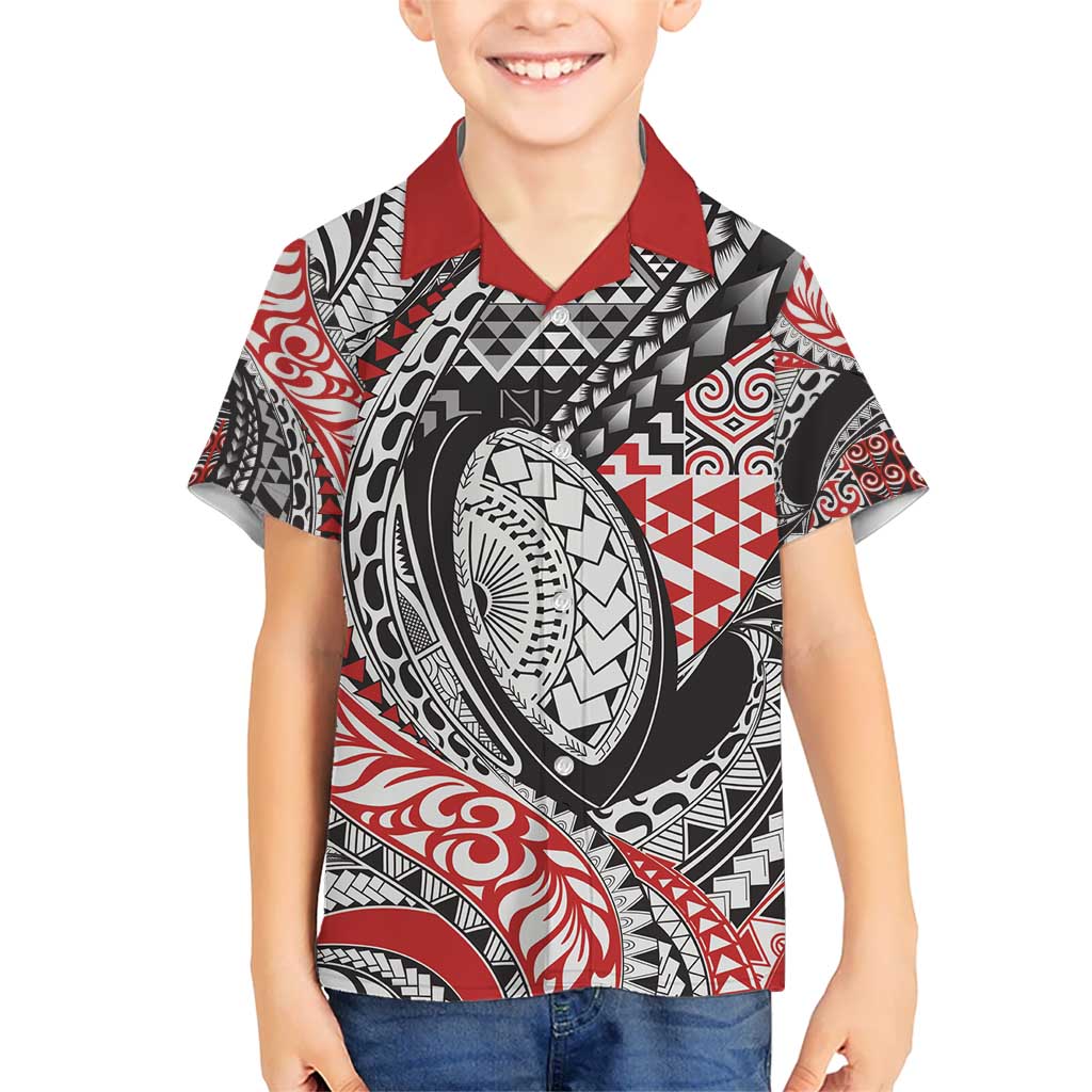 Aotearoa Maori Rugby Tribal Tattoo Kid Hawaiian Shirt Kowhaiwhai Taniko Patchwork Motifs