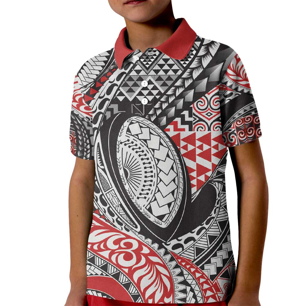 Aotearoa Maori Rugby Tribal Tattoo Kid Polo Shirt Kowhaiwhai Taniko Patchwork Motifs