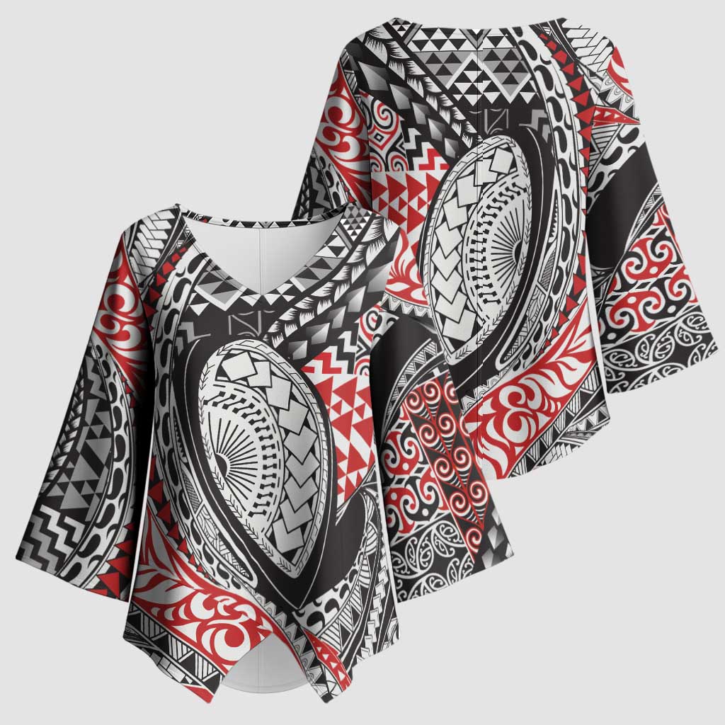 Aotearoa Maori Rugby Tribal Tattoo Kimono Sleeve Blouse Kowhaiwhai Taniko Patchwork Motifs - Polynesian Pride