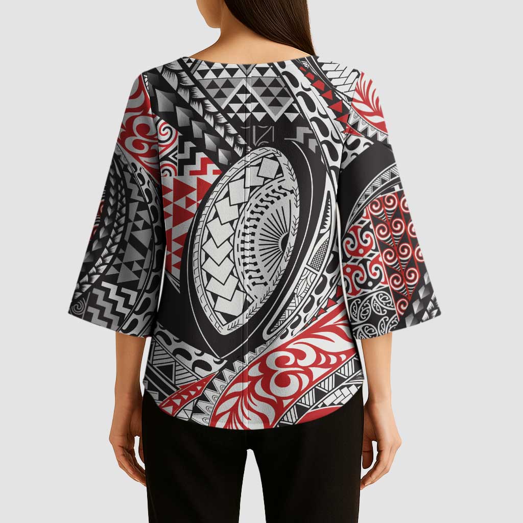Aotearoa Maori Rugby Tribal Tattoo Kimono Sleeve Blouse Kowhaiwhai Taniko Patchwork Motifs - Polynesian Pride