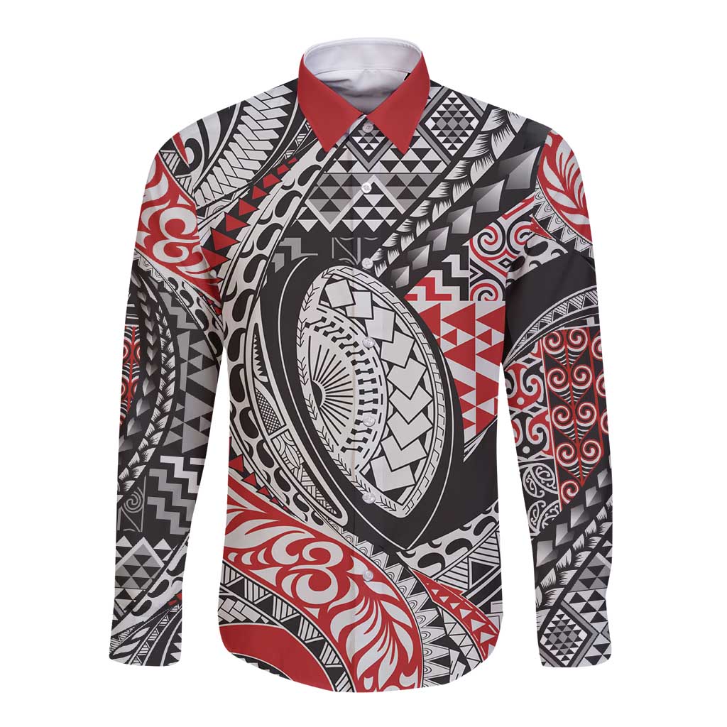 Aotearoa Maori Rugby Tribal Tattoo Long Sleeve Button Shirt Kowhaiwhai Taniko Patchwork Motifs