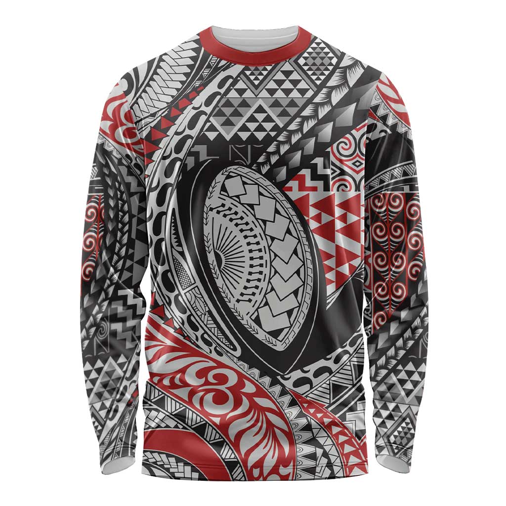 Aotearoa Maori Rugby Tribal Tattoo Long Sleeve Shirt Kowhaiwhai Taniko Patchwork Motifs