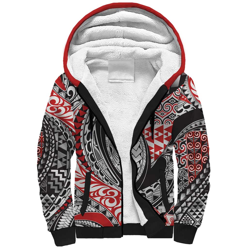 Aotearoa Maori Rugby Tribal Tattoo Sherpa Hoodie Kowhaiwhai Taniko Patchwork Motifs