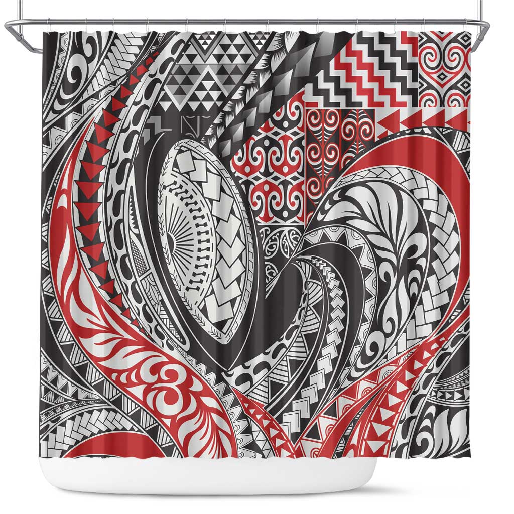 Aotearoa Maori Rugby Tribal Tattoo Shower Curtain Kowhaiwhai Taniko Patchwork Motifs