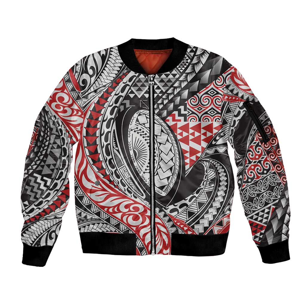 Aotearoa Maori Rugby Tribal Tattoo Sleeve Zip Bomber Jacket Kowhaiwhai Taniko Patchwork Motifs