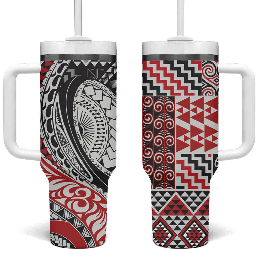 Aotearoa Maori Rugby Tribal Tattoo Tumbler With Handle Kowhaiwhai Taniko Patchwork Motifs