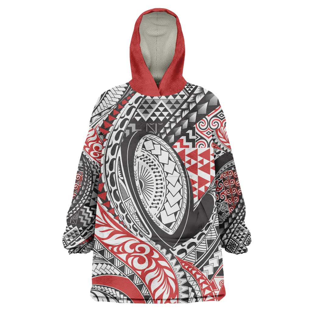 Aotearoa Maori Rugby Tribal Tattoo Wearable Blanket Hoodie Kowhaiwhai Taniko Patchwork Motifs