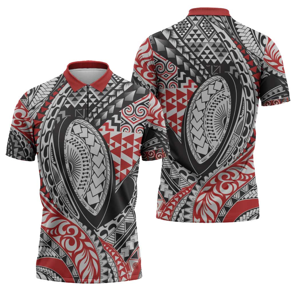 Aotearoa Maori Rugby Tribal Tattoo Zipper Polo Shirt Kowhaiwhai Taniko Patchwork Motifs - Polynesian Pride