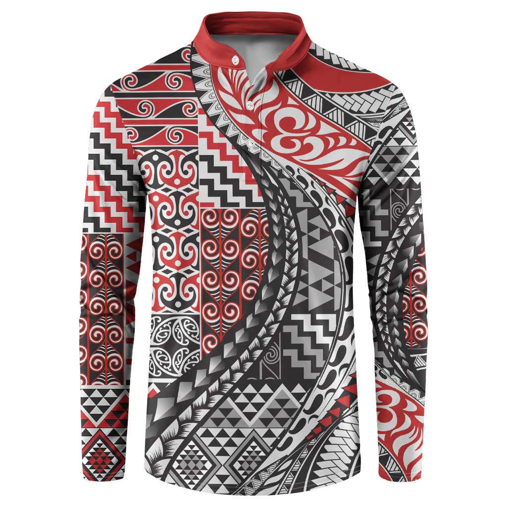 Aotearoa Maori Tribal Tattoo Button Sweatshirt Kowhaiwhai Taniko Patchwork Motifs