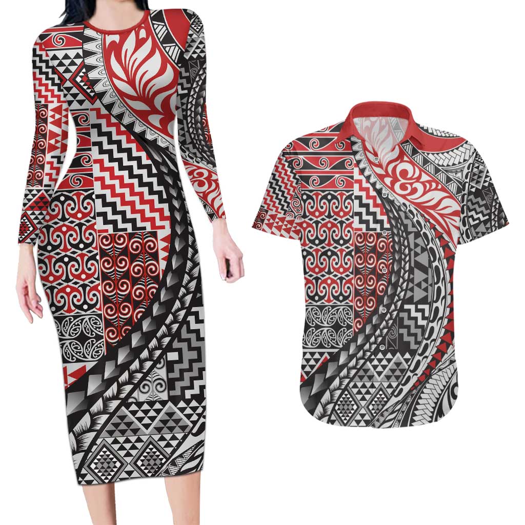 Aotearoa Maori Tribal Tattoo Couples Matching Long Sleeve Bodycon Dress and Hawaiian Shirt Kowhaiwhai Taniko Patchwork Motifs