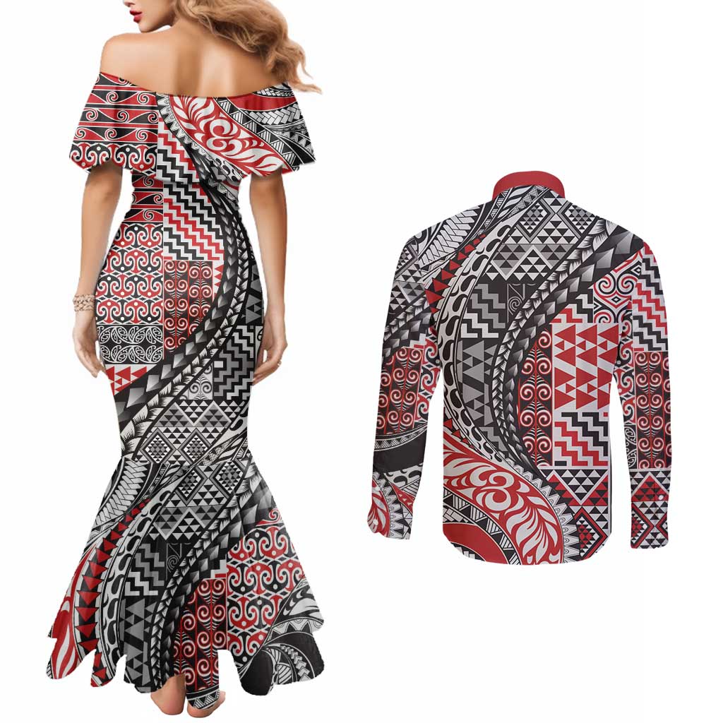 Aotearoa Maori Tribal Tattoo Couples Matching Mermaid Dress and Long Sleeve Button Shirt Kowhaiwhai Taniko Patchwork Motifs LT9 - Polynesian Pride