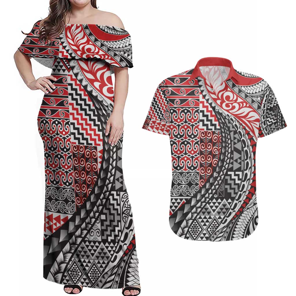 Aotearoa Maori Tribal Tattoo Couples Matching Off Shoulder Maxi Dress and Hawaiian Shirt Kowhaiwhai Taniko Patchwork Motifs