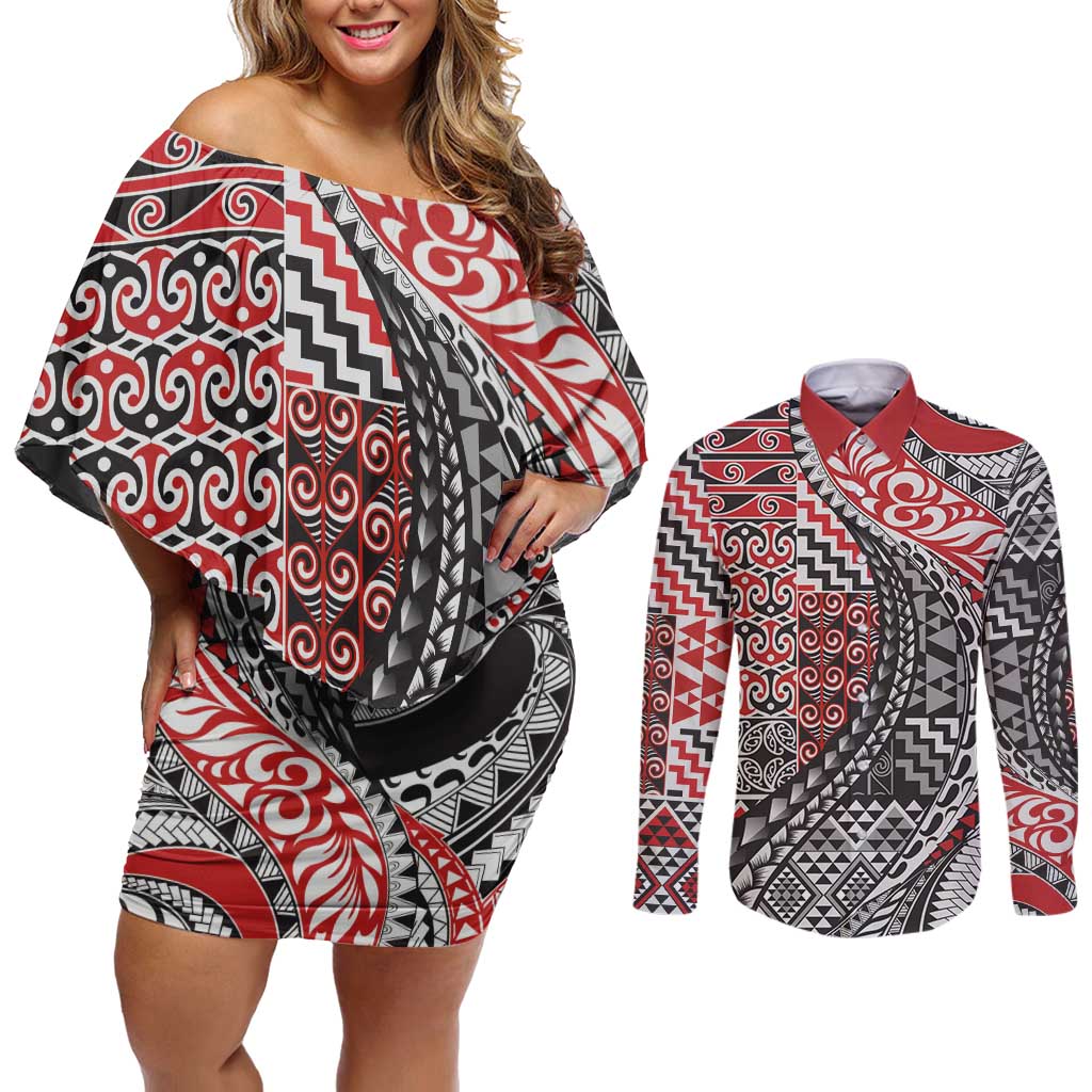 Aotearoa Maori Tribal Tattoo Couples Matching Off Shoulder Short Dress and Long Sleeve Button Shirt Kowhaiwhai Taniko Patchwork Motifs