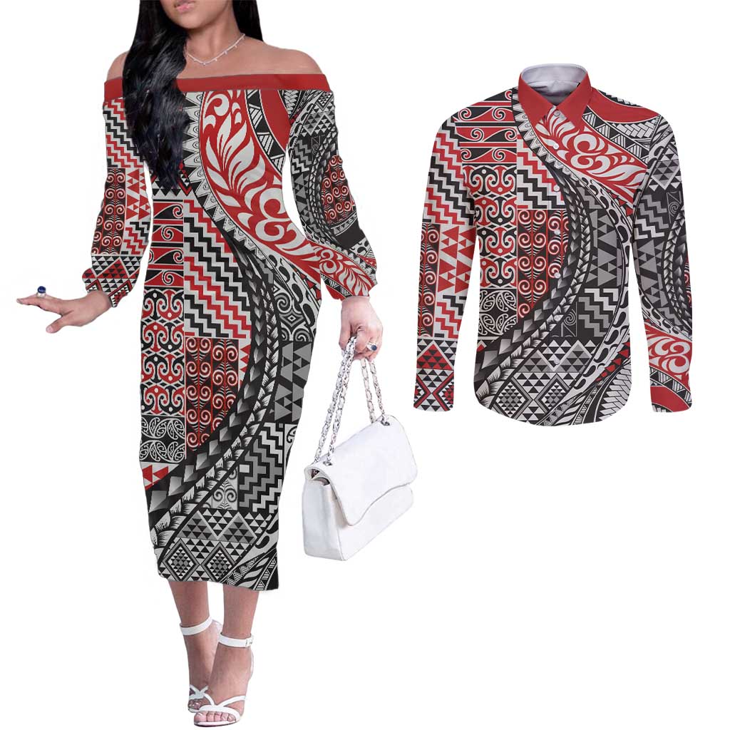 Aotearoa Maori Tribal Tattoo Couples Matching Off The Shoulder Long Sleeve Dress and Long Sleeve Button Shirt Kowhaiwhai Taniko Patchwork Motifs