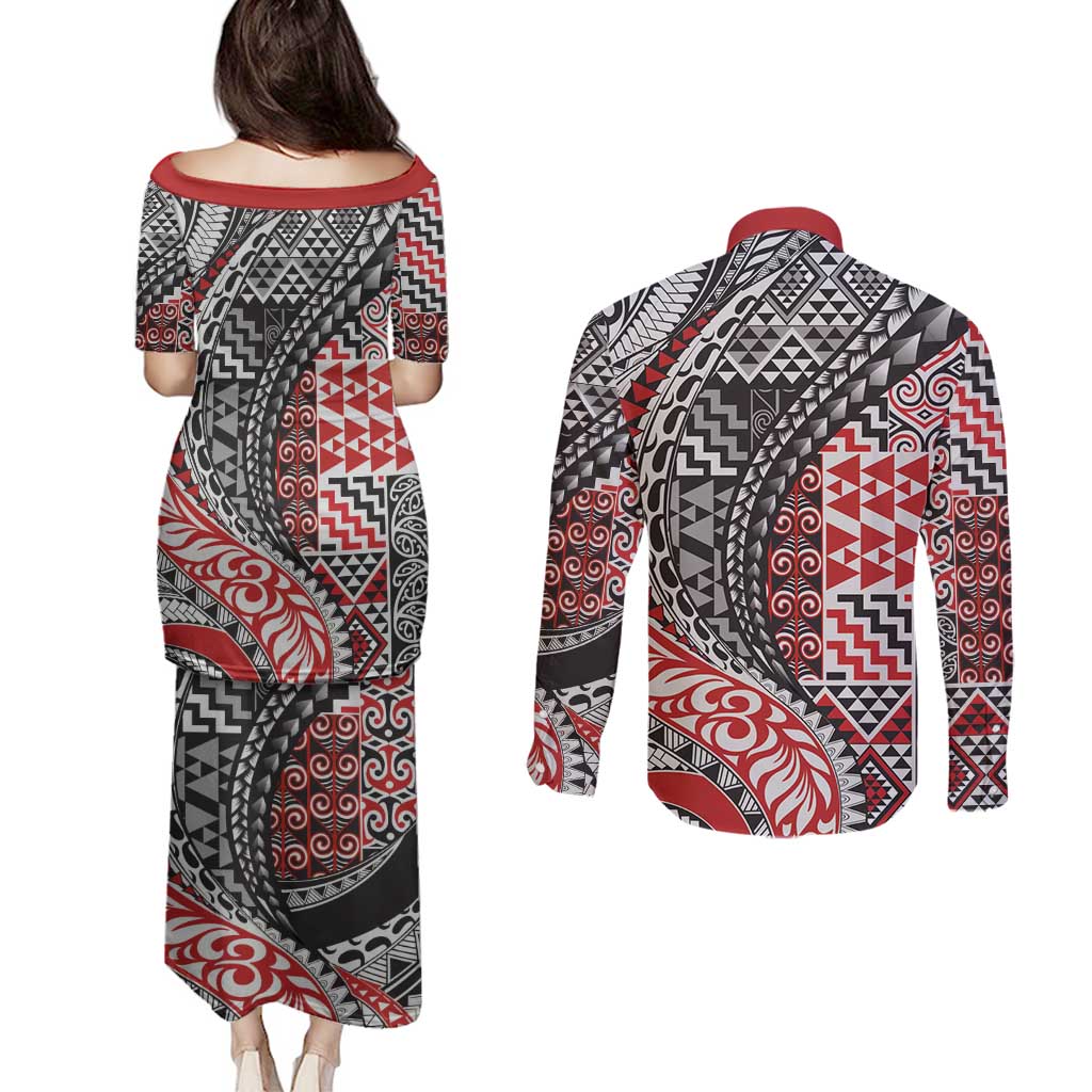 Aotearoa Maori Tribal Tattoo Couples Matching Puletasi and Long Sleeve Button Shirt Kowhaiwhai Taniko Patchwork Motifs