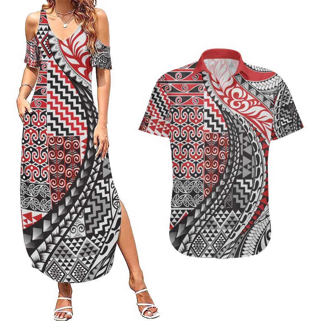 Aotearoa Maori Tribal Tattoo Couples Matching Summer Maxi Dress and Hawaiian Shirt Kowhaiwhai Taniko Patchwork Motifs