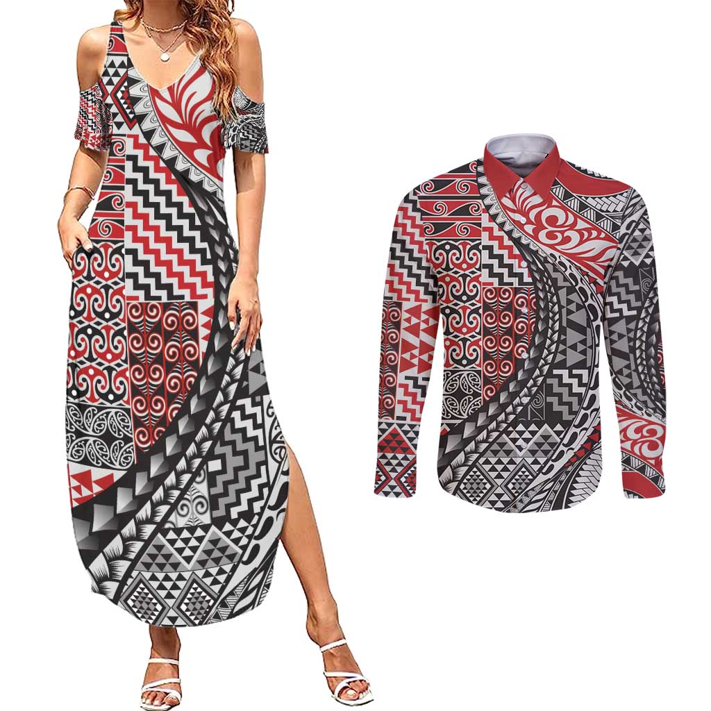 Aotearoa Maori Tribal Tattoo Couples Matching Summer Maxi Dress and Long Sleeve Button Shirt Kowhaiwhai Taniko Patchwork Motifs