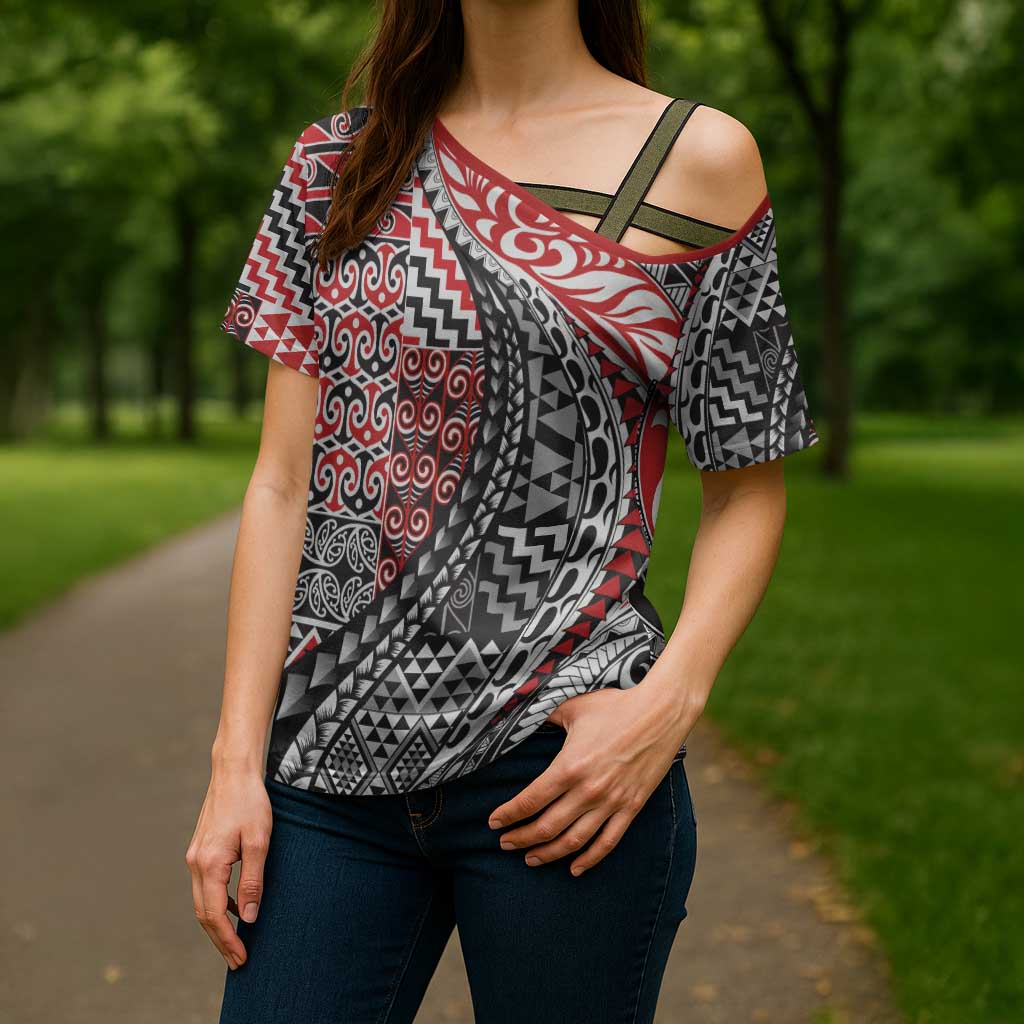Aotearoa Maori Tribal Tattoo Cross Shoulder Shirt Kowhaiwhai Taniko Patchwork Motifs - Polynesian Pride