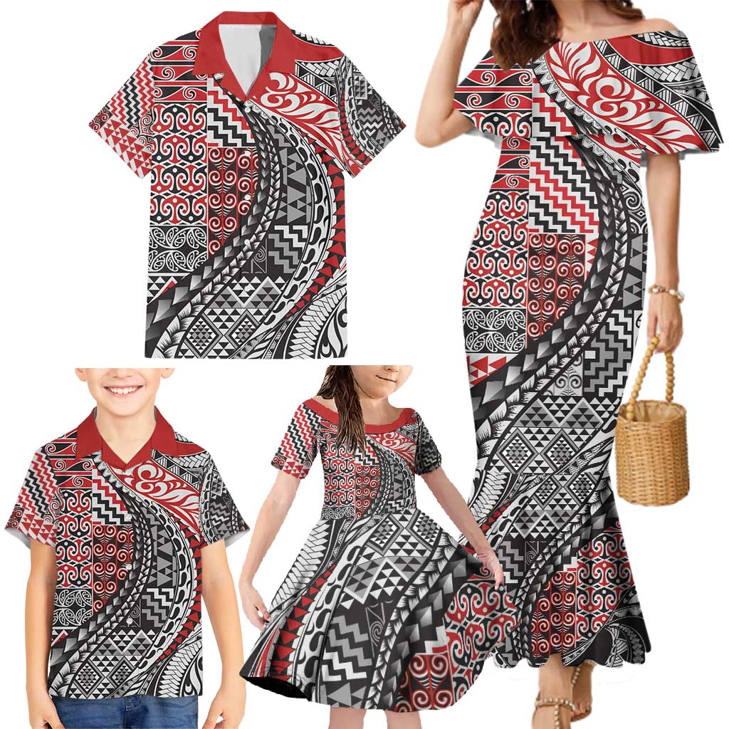 Aotearoa Maori Tribal Tattoo Family Matching Mermaid Dress and Hawaiian Shirt Kowhaiwhai Taniko Patchwork Motifs