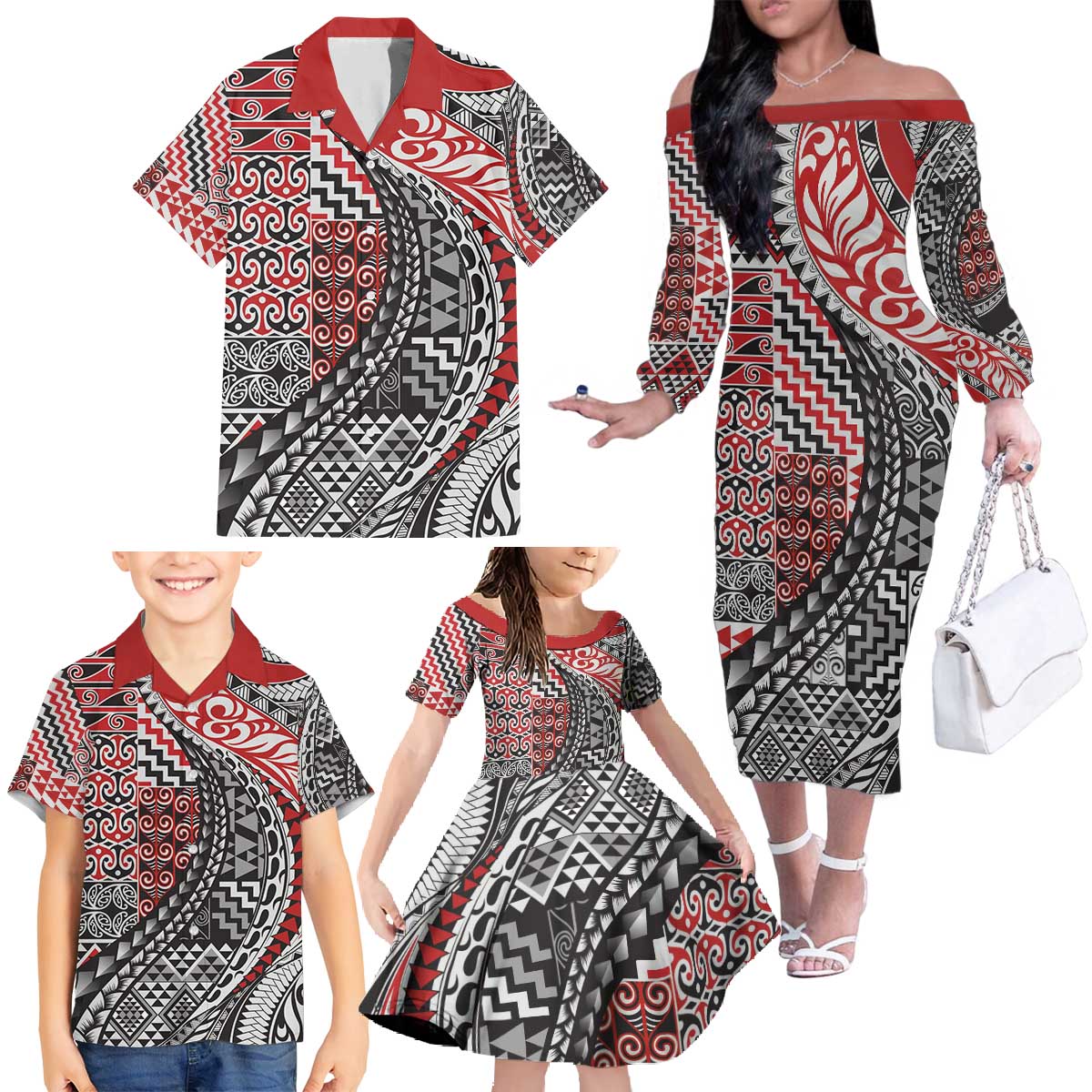 Aotearoa Maori Tribal Tattoo Family Matching Off The Shoulder Long Sleeve Dress and Hawaiian Shirt Kowhaiwhai Taniko Patchwork Motifs