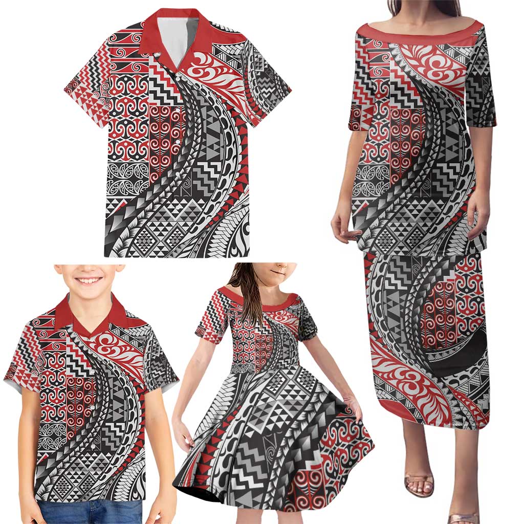 Aotearoa Maori Tribal Tattoo Family Matching Puletasi and Hawaiian Shirt Kowhaiwhai Taniko Patchwork Motifs