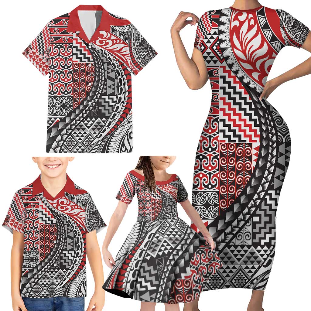 Aotearoa Maori Tribal Tattoo Family Matching Short Sleeve Bodycon Dress and Hawaiian Shirt Kowhaiwhai Taniko Patchwork Motifs