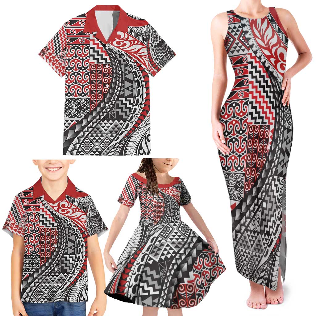 Aotearoa Maori Tribal Tattoo Family Matching Tank Maxi Dress and Hawaiian Shirt Kowhaiwhai Taniko Patchwork Motifs