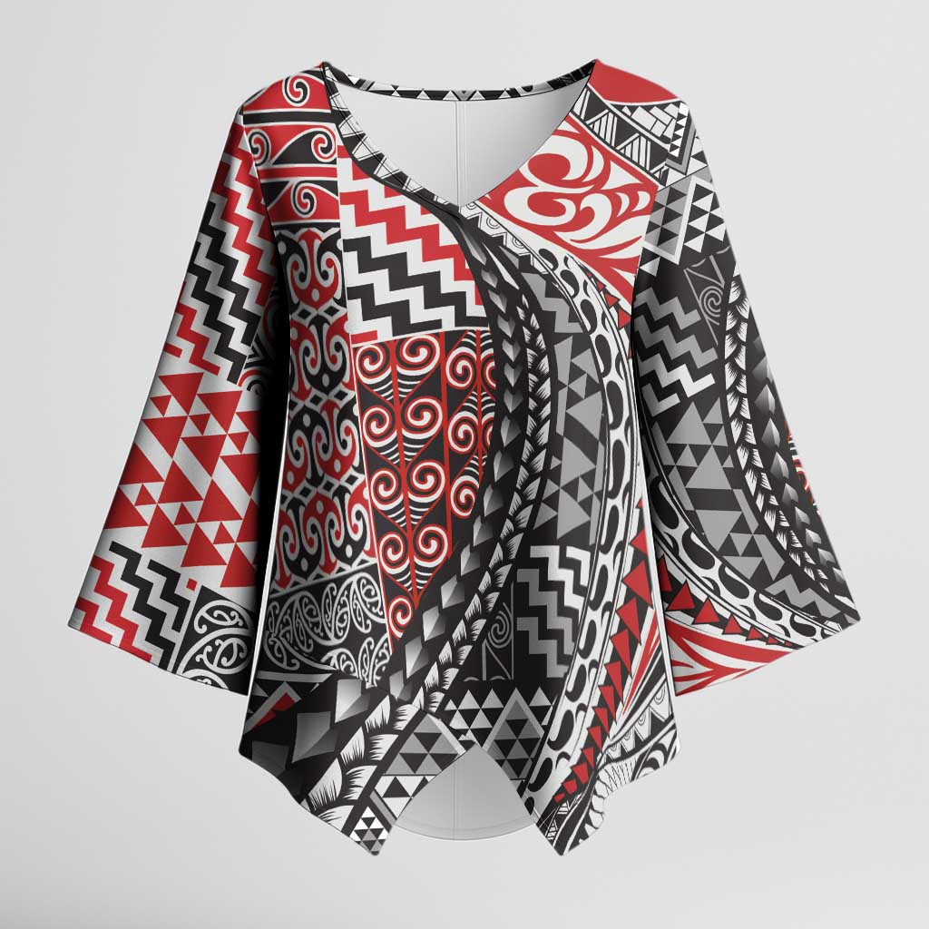 Aotearoa Maori Tribal Tattoo Kimono Sleeve Blouse Kowhaiwhai Taniko Patchwork Motifs - Polynesian Pride